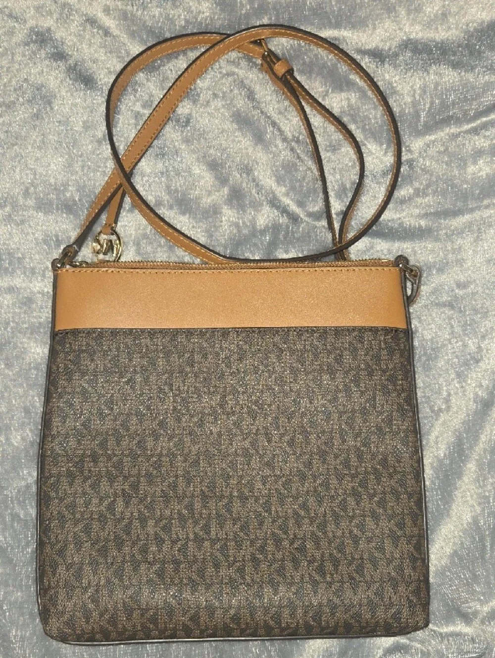 Michael Kors Brown Logo Crossbody with Tan Trim and Gold Hardware